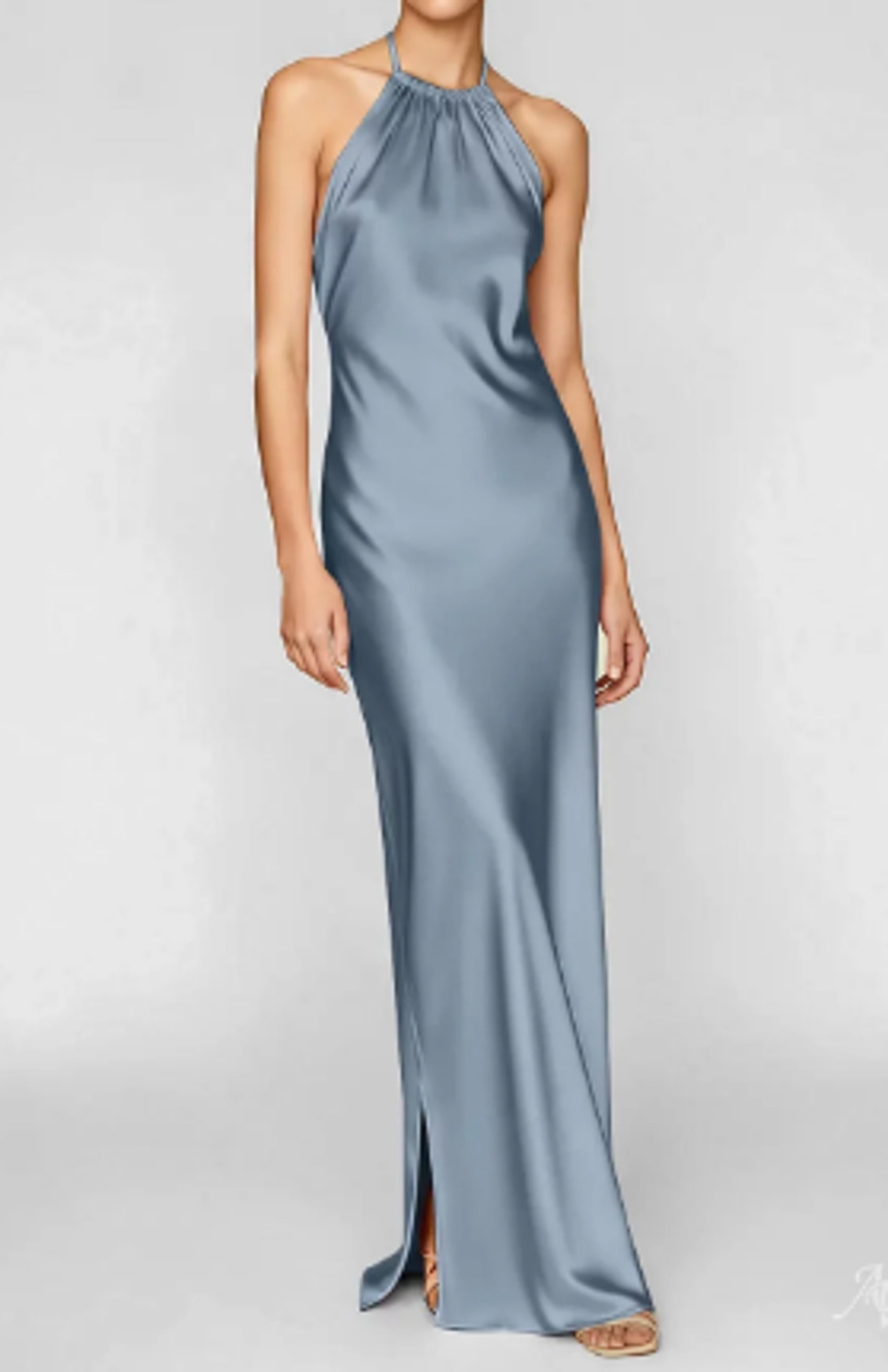 AW BRIDAL 8 M slate grey Latonia Satin halter bridesmaid maxi dress NEW 0b6